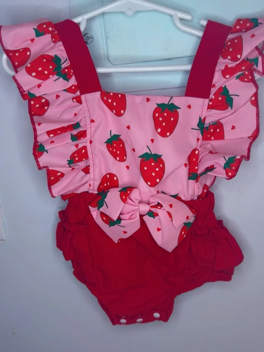 Girls Strawberry Ruffle Sunsuit - Red/Pink
